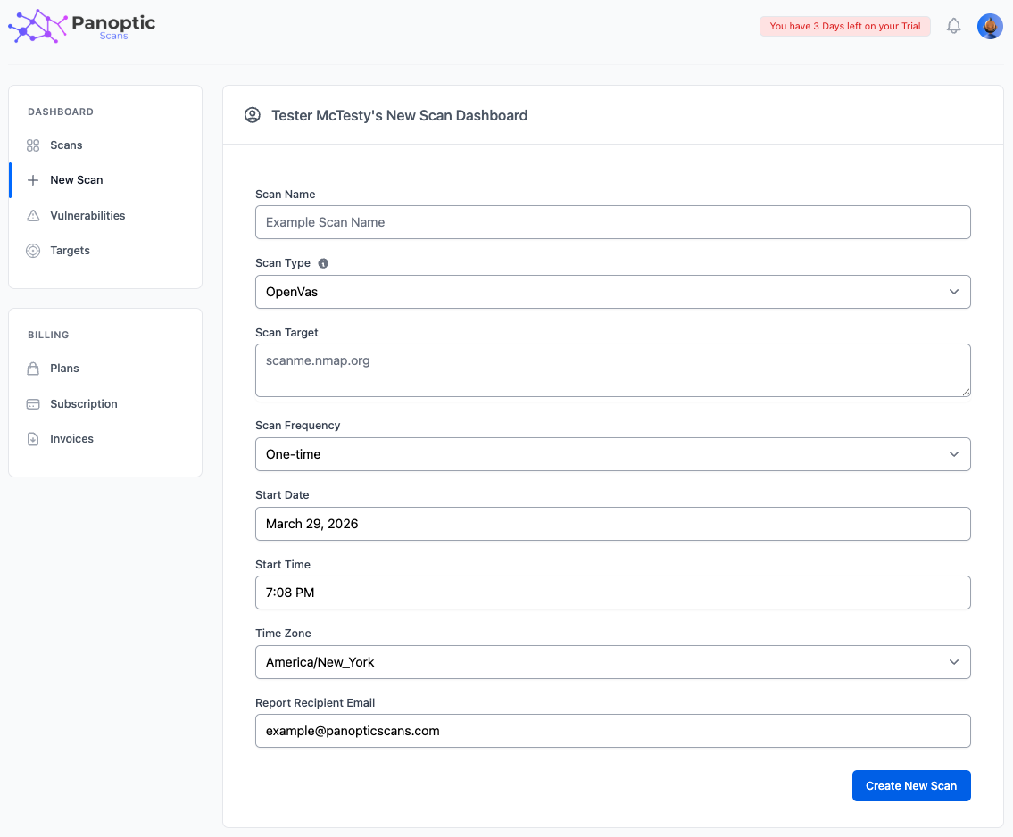 New scan creation form showing fields for scan name, type, target, frequency, and scheduling