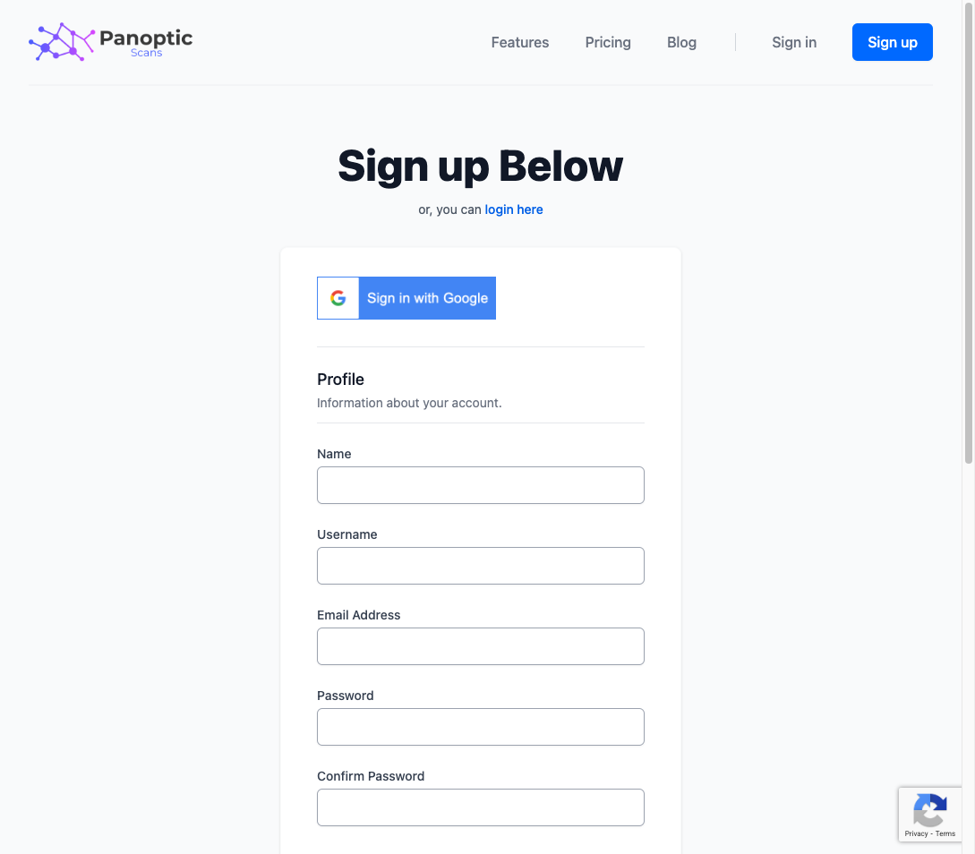 Panoptic Scans registration form with fields for name, username, email, and password