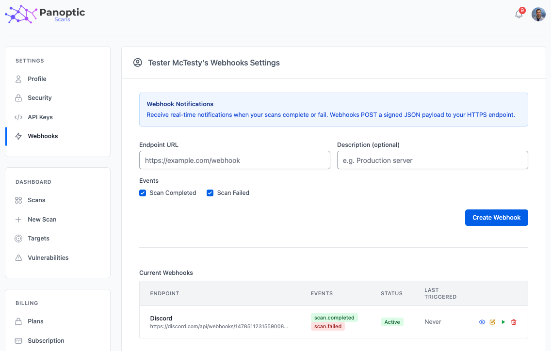 Webhooks page showing list of webhooks with name, description, events, and active/inactive state