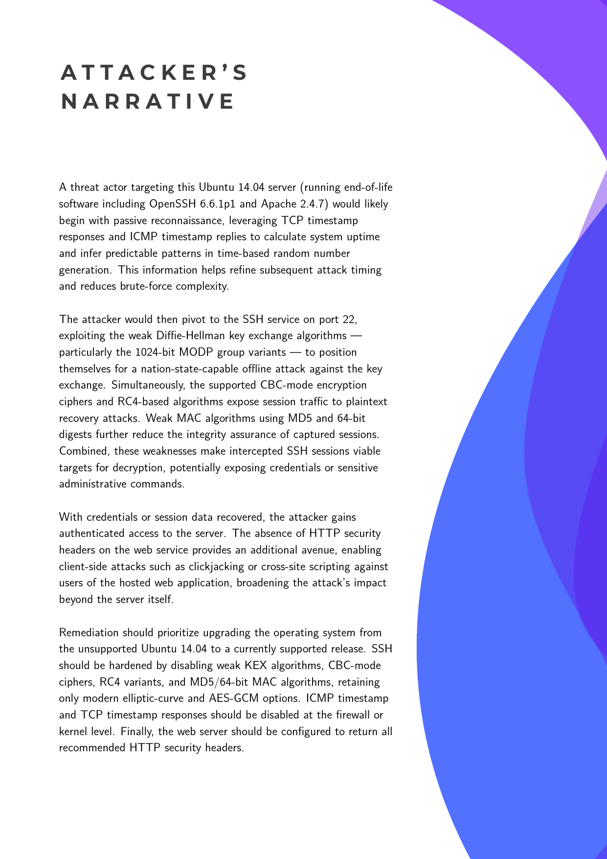 Attacker's narrative page describing how a threat actor would chain weak SSH algorithms, TCP and ICMP timestamps, and missing HTTP security headers, followed by prioritized remediation steps