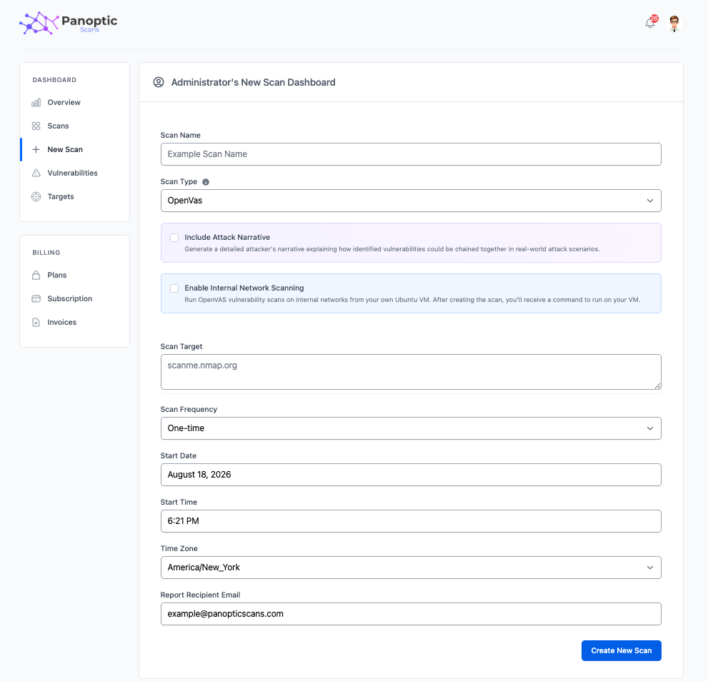 Scheduling automated vulnerability scans in Panoptic Scans