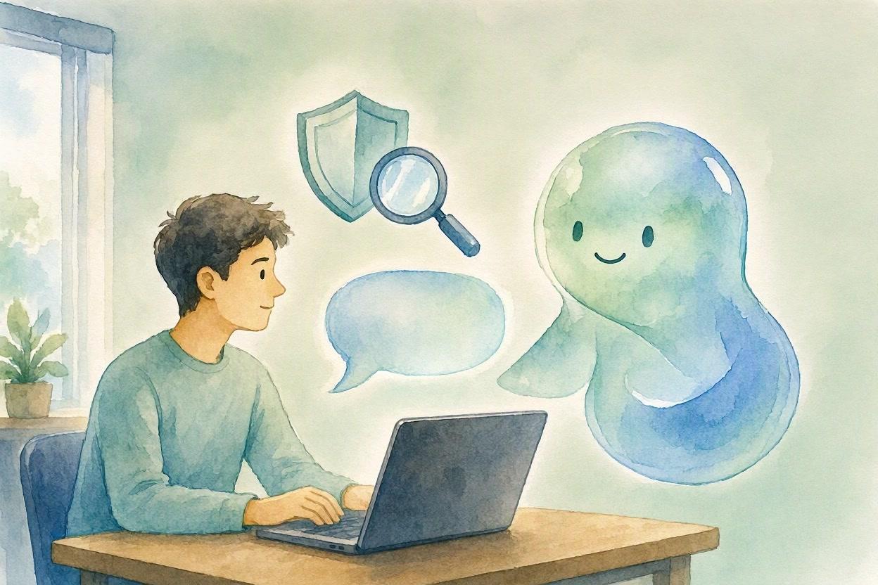 A developer at a desk chatting with an AI assistant about vulnerability scans