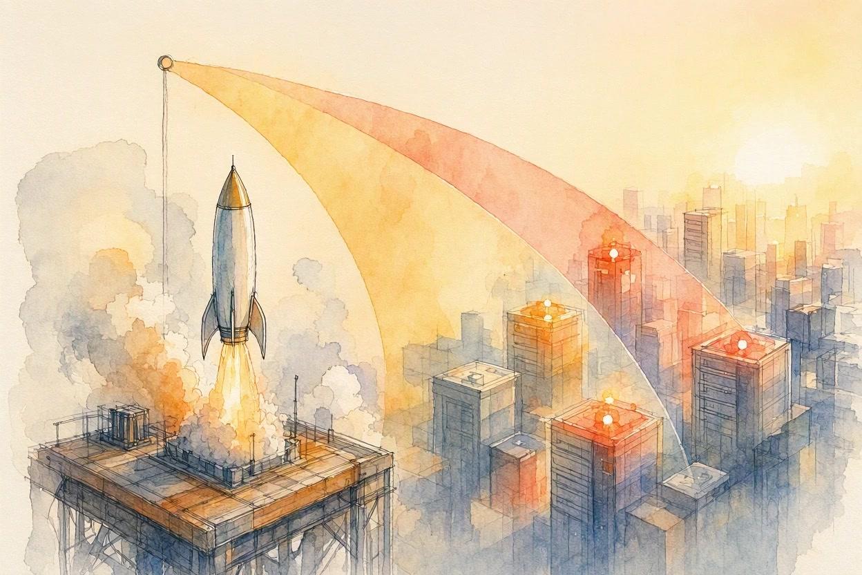 A rocket launching from a staging platform while a radar beam sweeps across servers