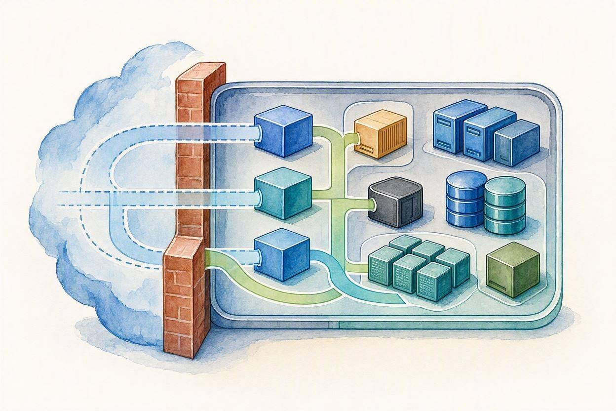 Diagram comparing external perimeter view versus internal network blind spots in a typical cloud architecture